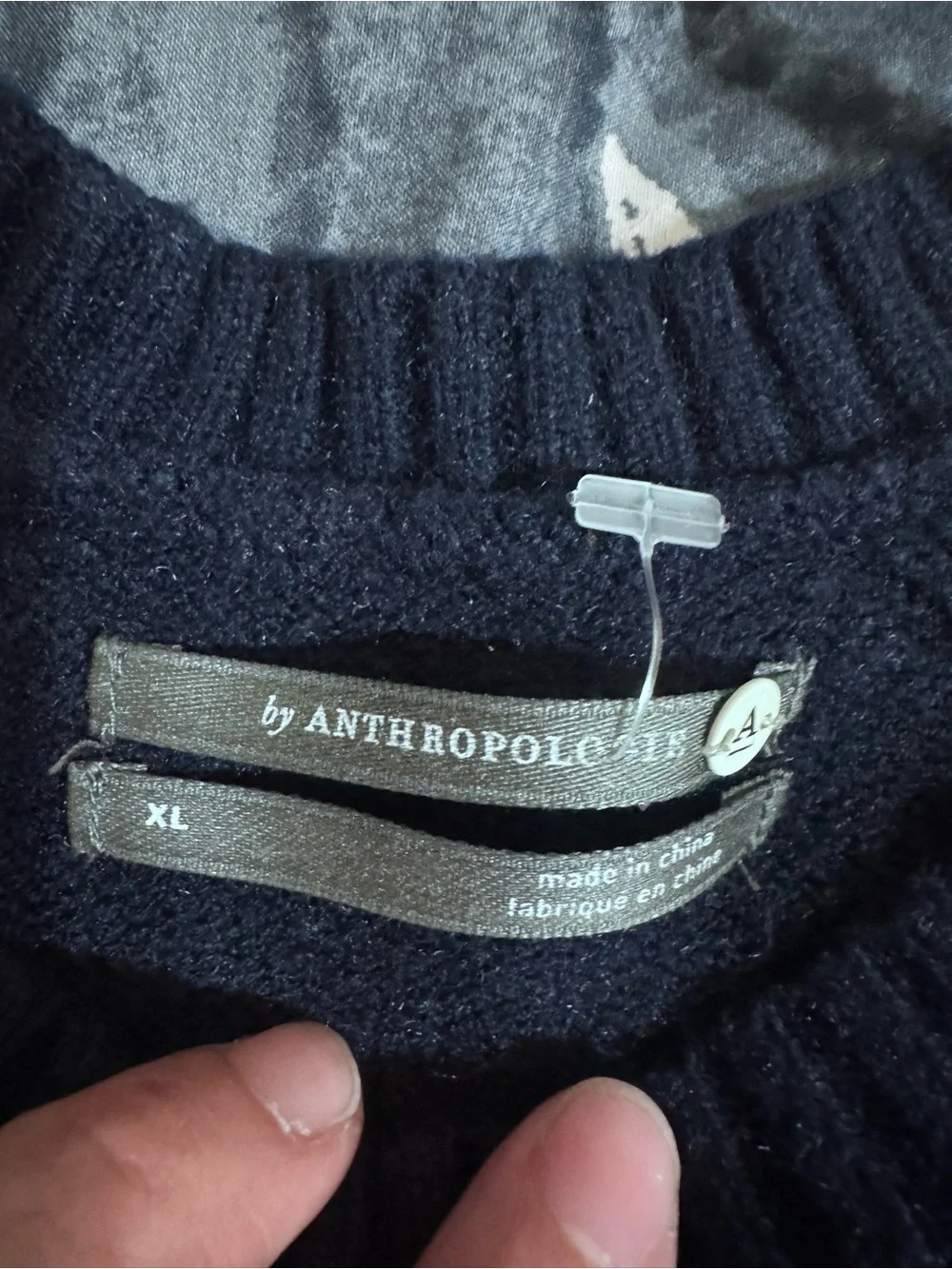 Anthropologie Navy Crewneck Sweater with Lavender Sleeve Accents